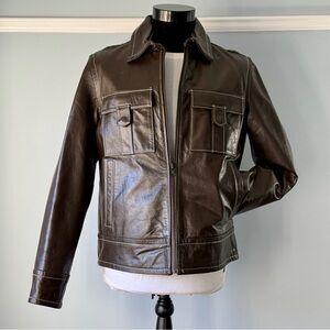 Men’s medium Perry Ellis Dark Brown Leather Bomber Jacket
